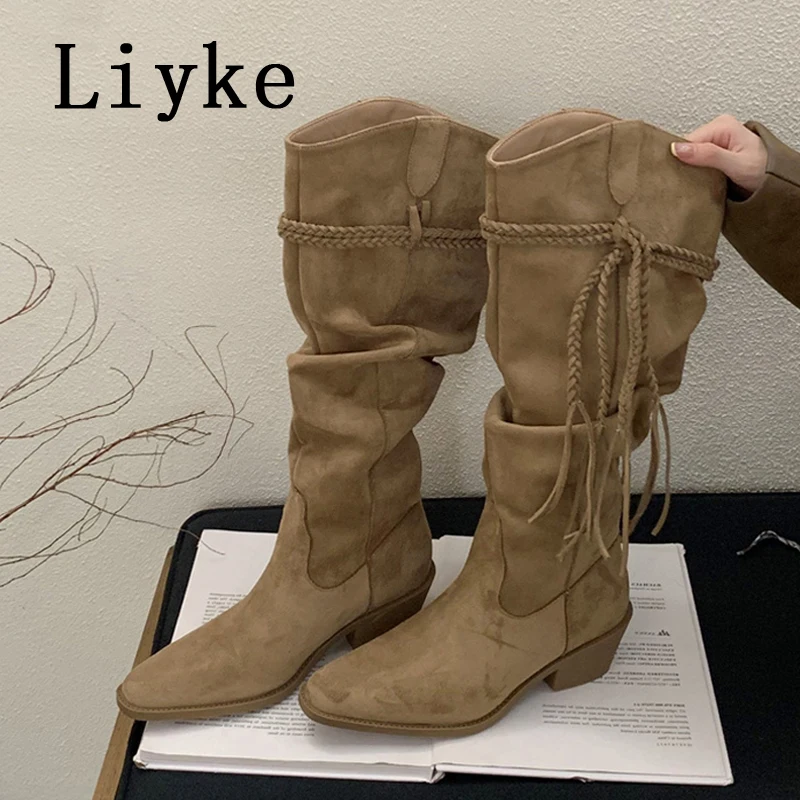 

Liyke Fashion Weave Hemp Fringe Knee High Boots Women Pointed Toe Low Thick Heels Western Cowboy Ladies Shoe Long Botas De Mujer