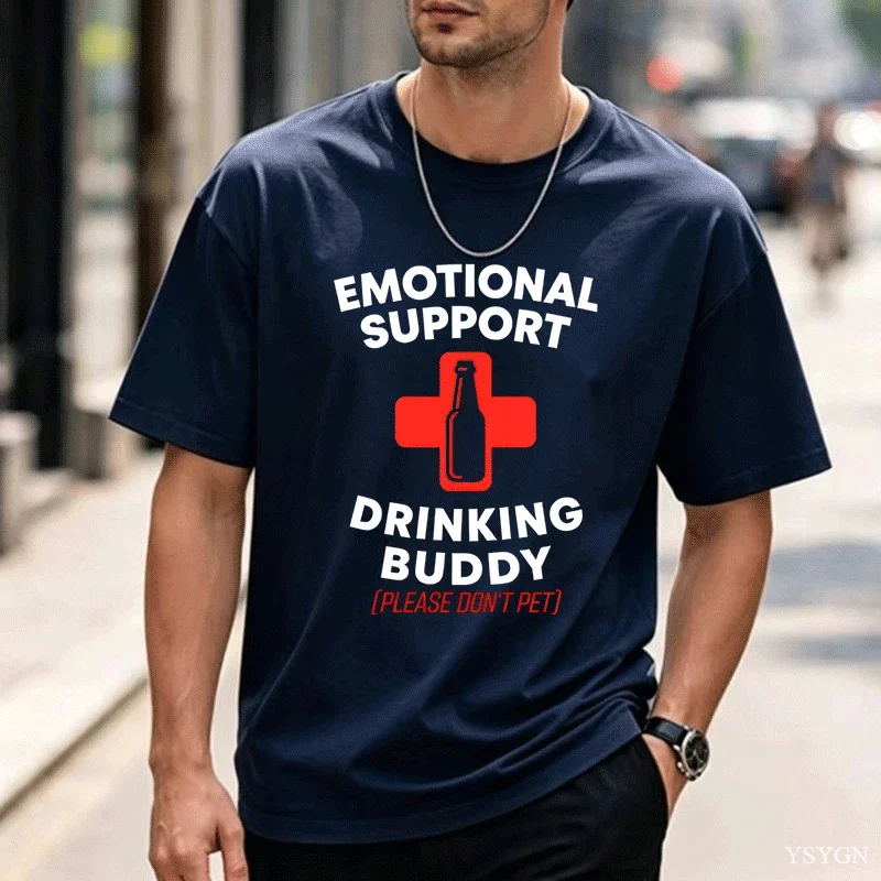 Funny Gift Emotional Support Drinking Buddy Beer Graphic Print T-Shirt Y2k Casual Loose Streetwear O Neck Print T Shirts Unisex