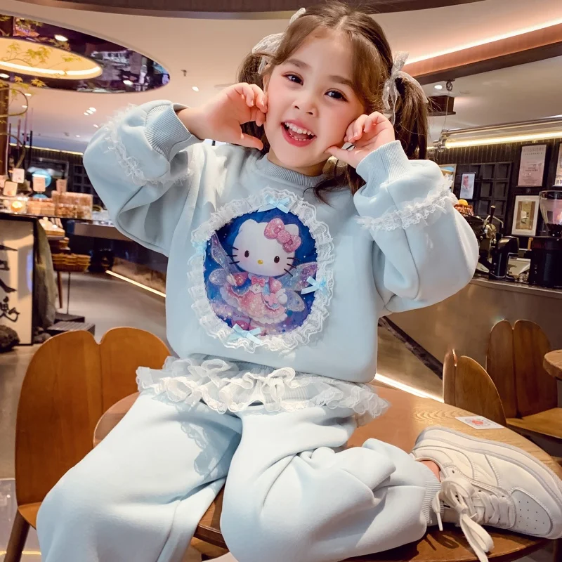 

Warm Fleece 2Piece Set for Girls 2025 New Winter Luxury HelloKitty Lace Pullover Top+Elastic Waist Sweatpants Children's Outfit