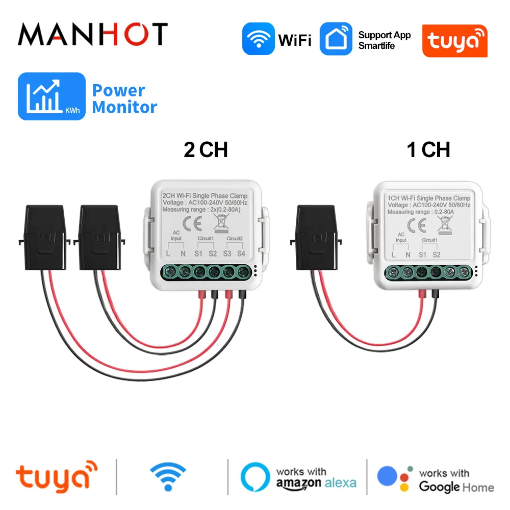 Tuya WiFi inteligentny licznik energii Dwukierunkowy dwukierunkowy 1, 2-kanałowy z zaciskiem czujnika prądu inteligentny monitor życia Moc 80A