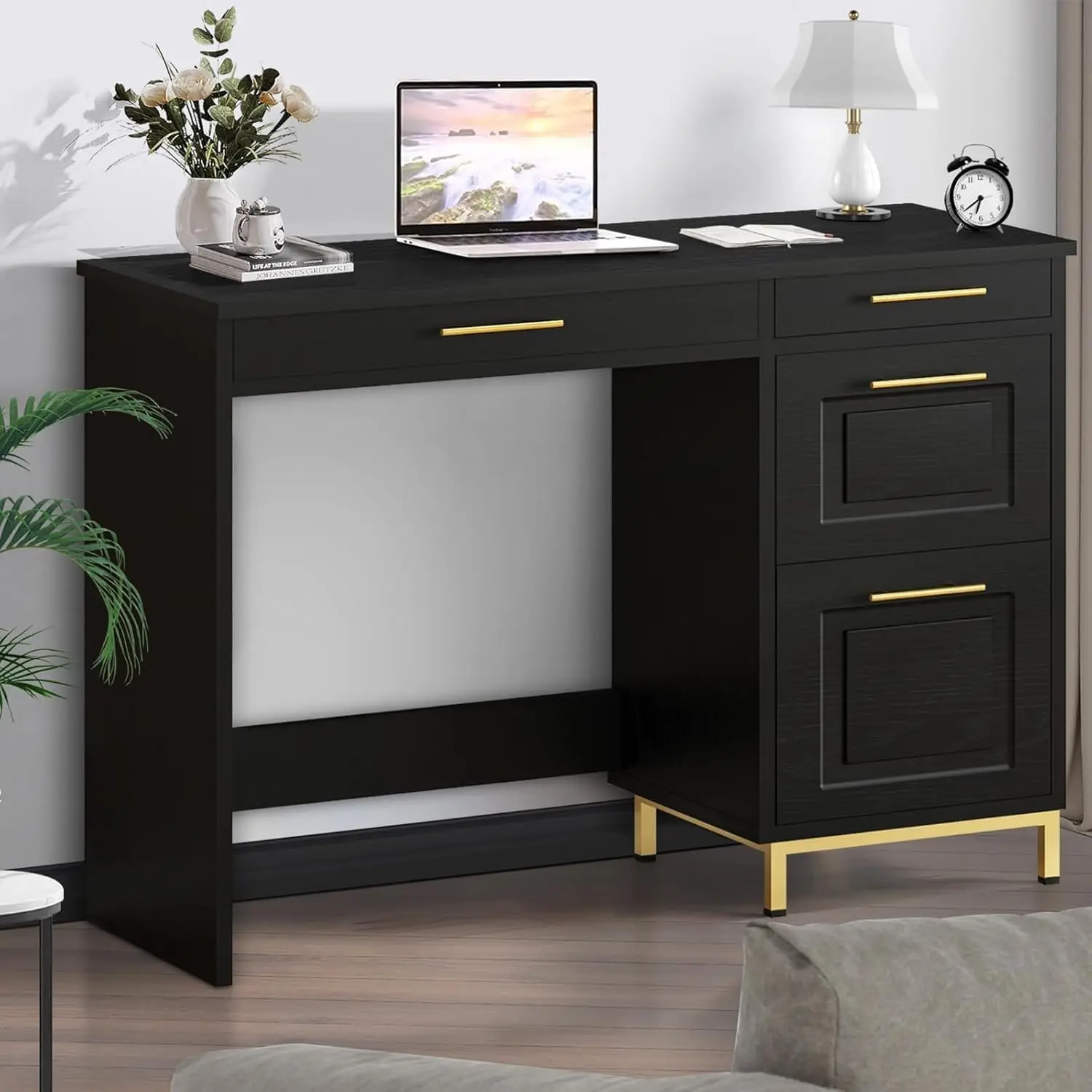 Modern Home Office Desk with Drawers & Golden Handles, Computer Table for Small Spaces, 47 inch, Black, Customized