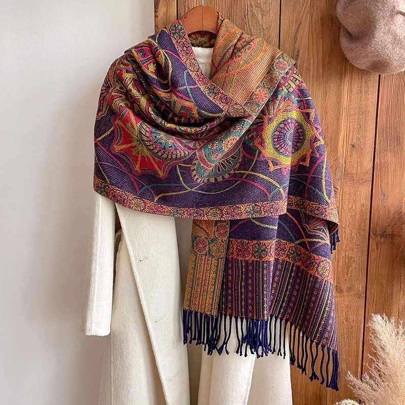 2024 Fashion Ethnic Style Women Paisley Jacquard Scarf Thick Cashmere Classic Tassel Shawl Warm Neck Winter Wrap Pashmina Floral