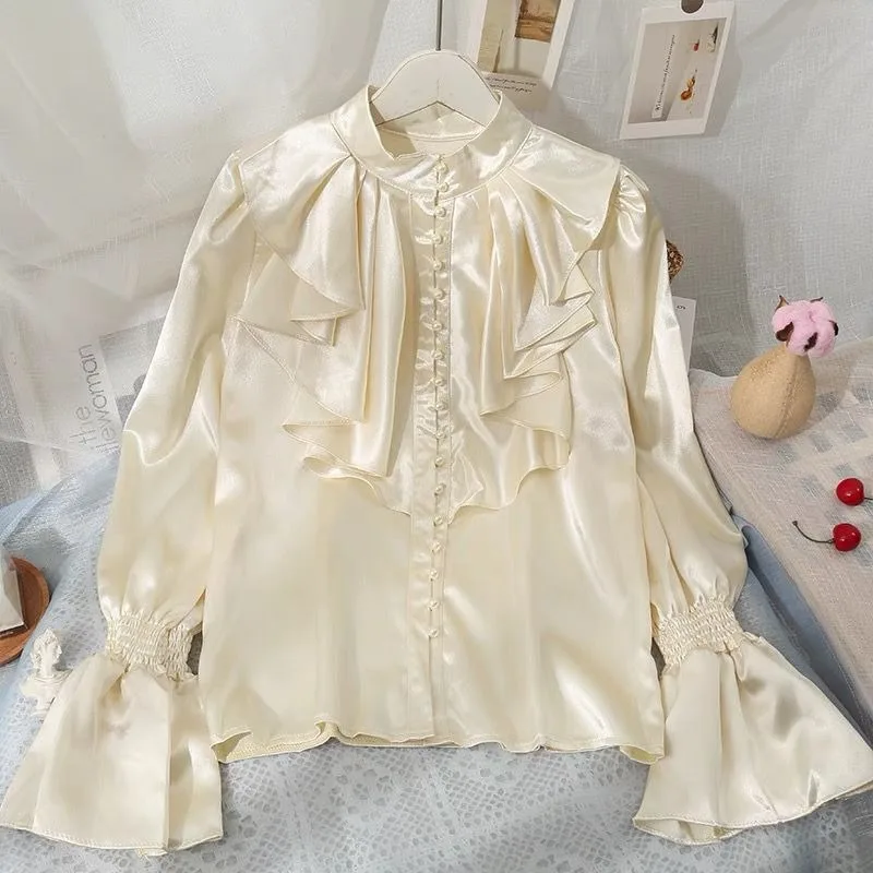 Women's Autumn Spring Shirt Ruffles Flared Sleeves Lolita Blouse Stand-up Collar Single-breasted Pearls Solid Luxury Womens Tops