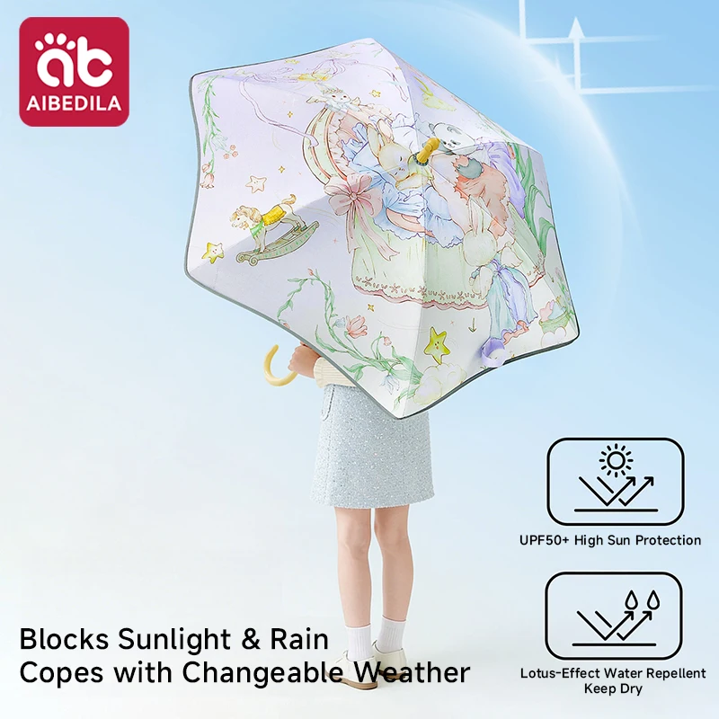 Kids Long Handle Umbrella Sun & Rain Dual Use UV Protection Cute Cartoon Parasol Girls Student School Outdoor Umbrella