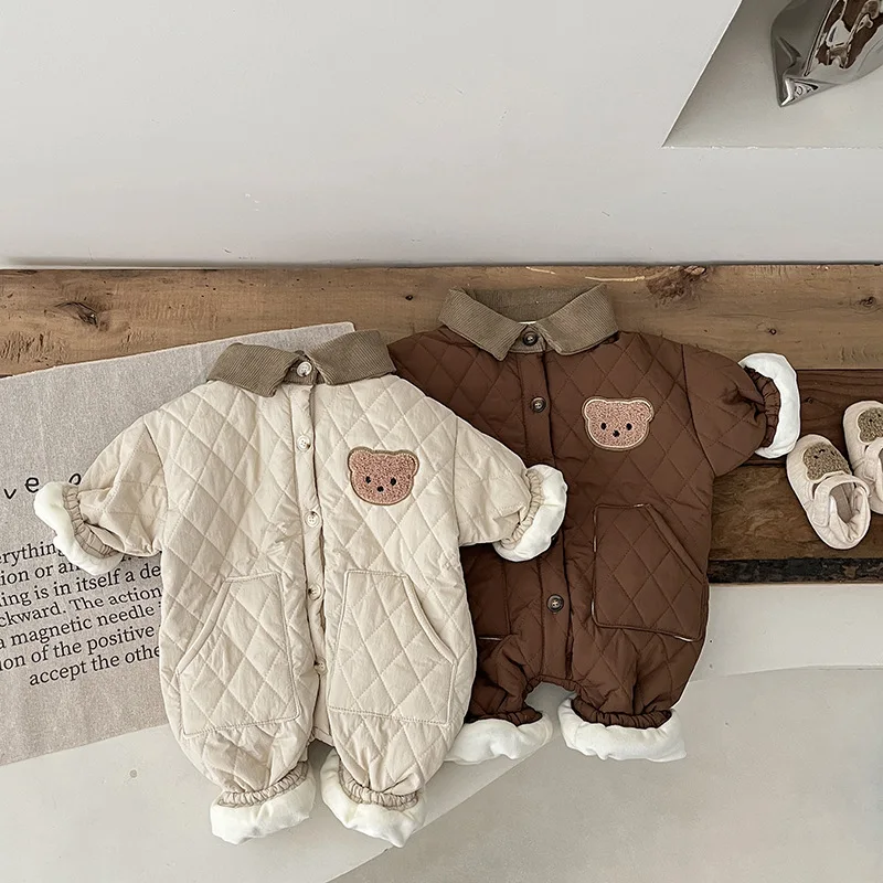 2024 Autumn Winter Baby Girls Boys 0-3 Years Cute Bear One Piece Thick Warm Rompers Infant Toddler Overalls Two Colors