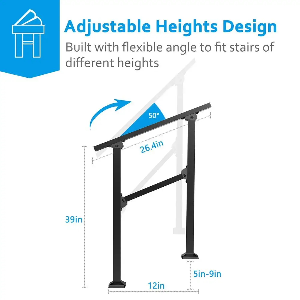 Outdoor Wrought Iron Handrails Adjustable Height 600lbs Support Weather Resistant Easy Installation Fade Resistant 2 Step Metal