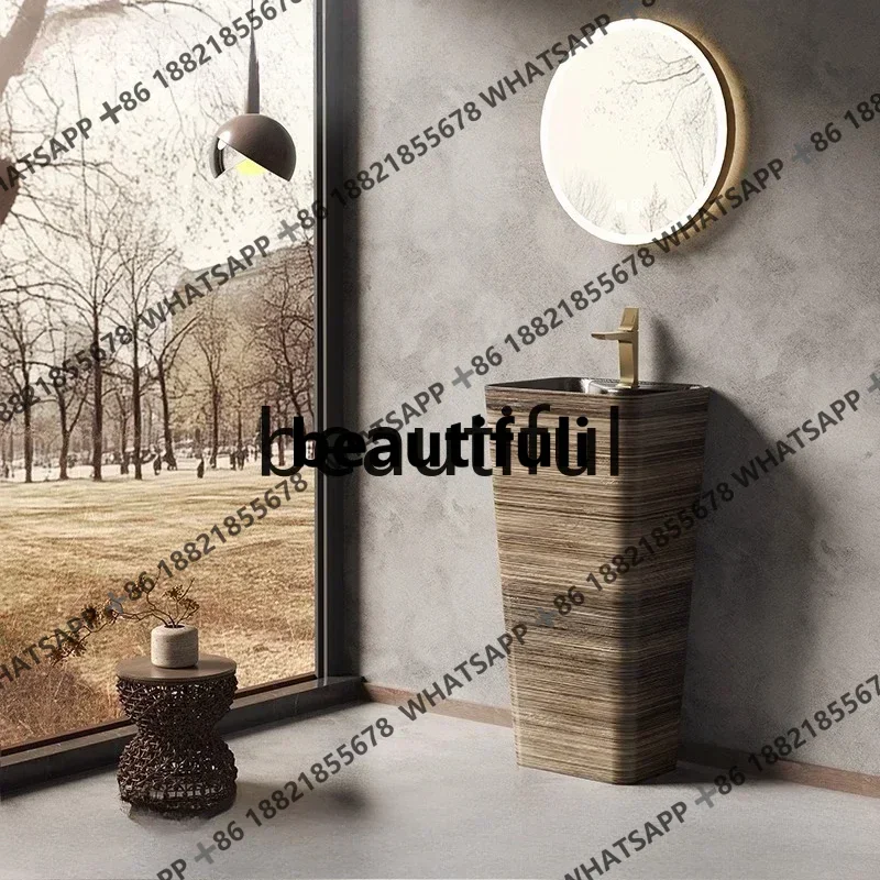 New Chinese-style homestay wood grain column basin, retro floor hand washing integrated ceramic bathroom washbasin