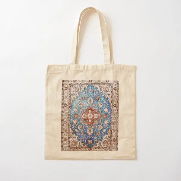 Tabriz Rug With Blue Field Print Cotton  Canvas Bag Designer Tote Ladies Printed Fabric Shoulder Bag Grocery Travel Unisex