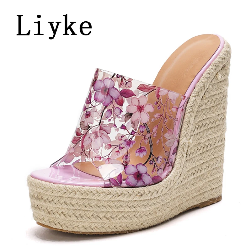 Liyke Size 35-42 Platform Wedge Slippers Sexy Fashion Thick Bottom Open Toe Super High Heels Sandals Women Print Flower PVC Shoe
