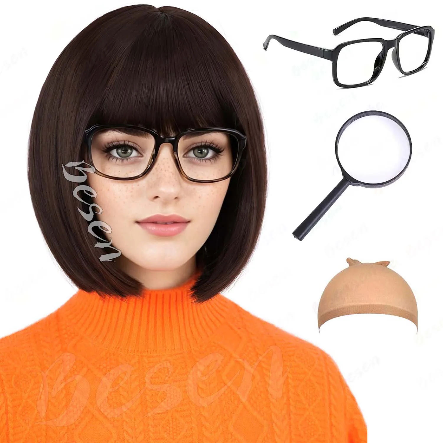 Synthetic Brown Bob Wig+Glasses+Magnifying Glass,Velma Wig Short Straight Wig with Bangs for Daily Party Halloween Cosplay Use