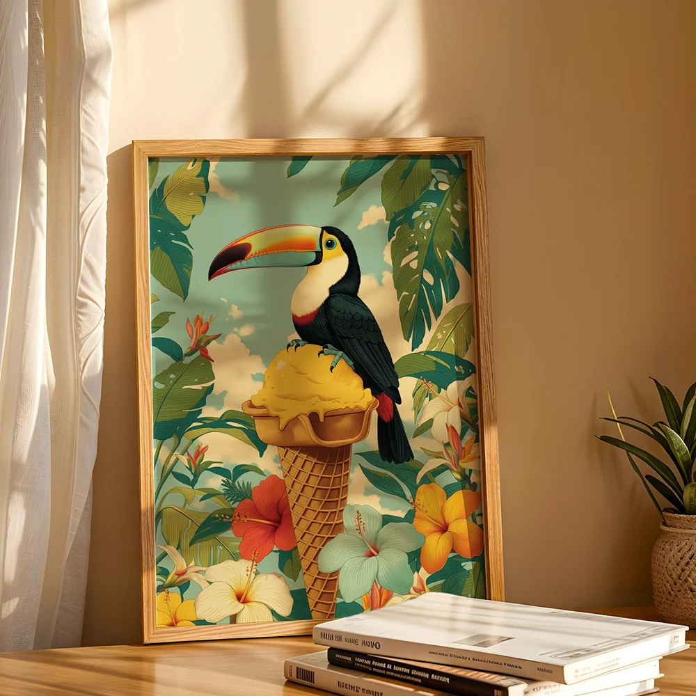 Boho Canvas Wall Art Of Toucan Standing On Ice Cream Cone, Vintage Home Decor For Bedroom Living Room Kitchen, 2D Print Poster