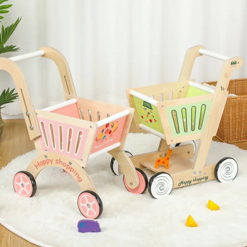 Colorful Shopping Cart Wooden Household Toys Baby Stroller Three Colors Trolley Toddler Cart