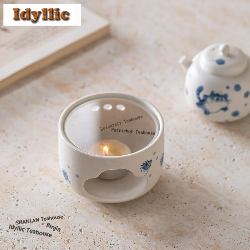 Hand-painted Blue And White Cute Cat Tea Warmer Holder Candle Heater Stove Kettle Stand Boiling Water Carbon Furnace Tea Service