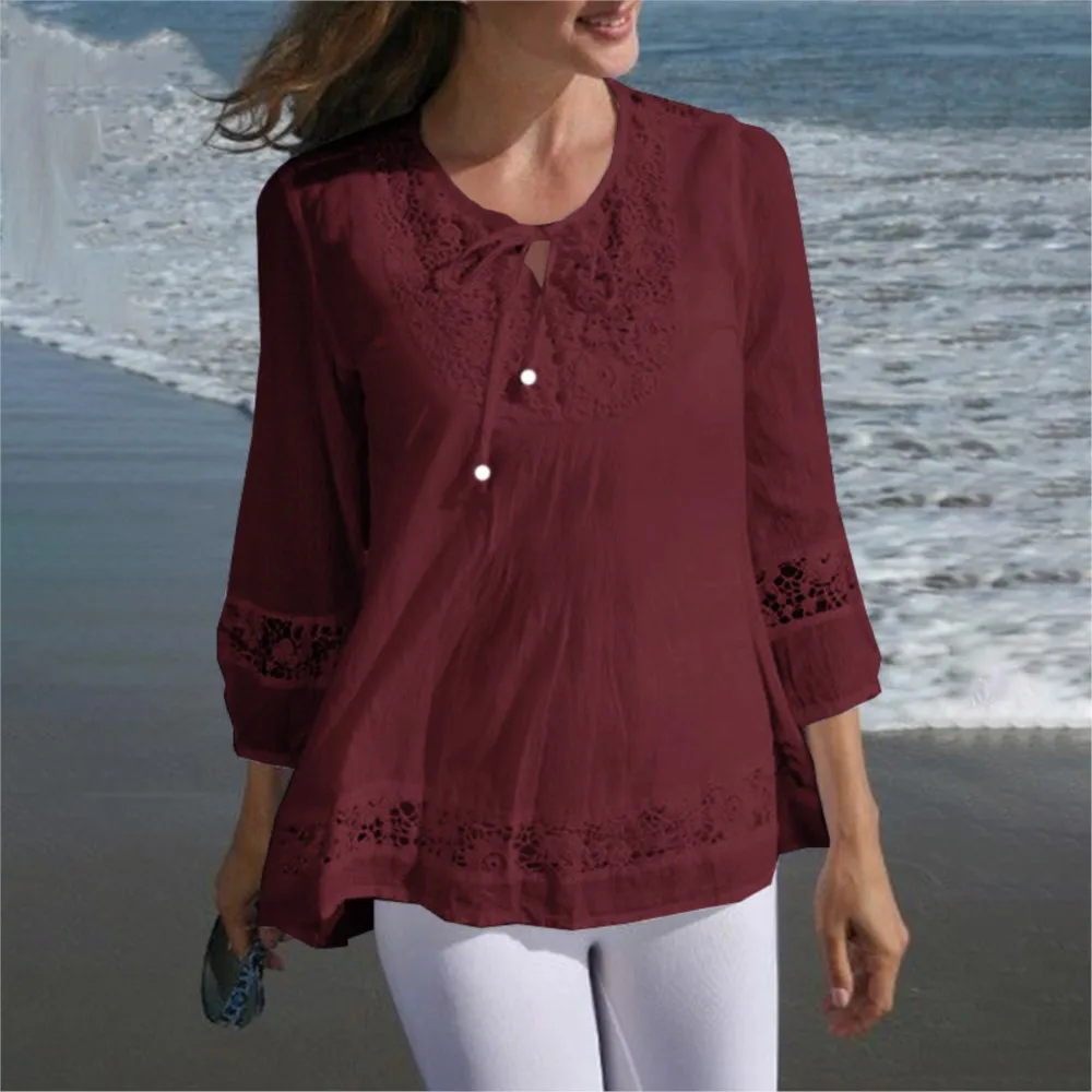 Boho Spitze Patchwork Bluse Sommer Ärmel O-Ausschnitt Schnür hemd Frauen elegante Urlaub Tops weibliche Freizeit arbeit Blusen