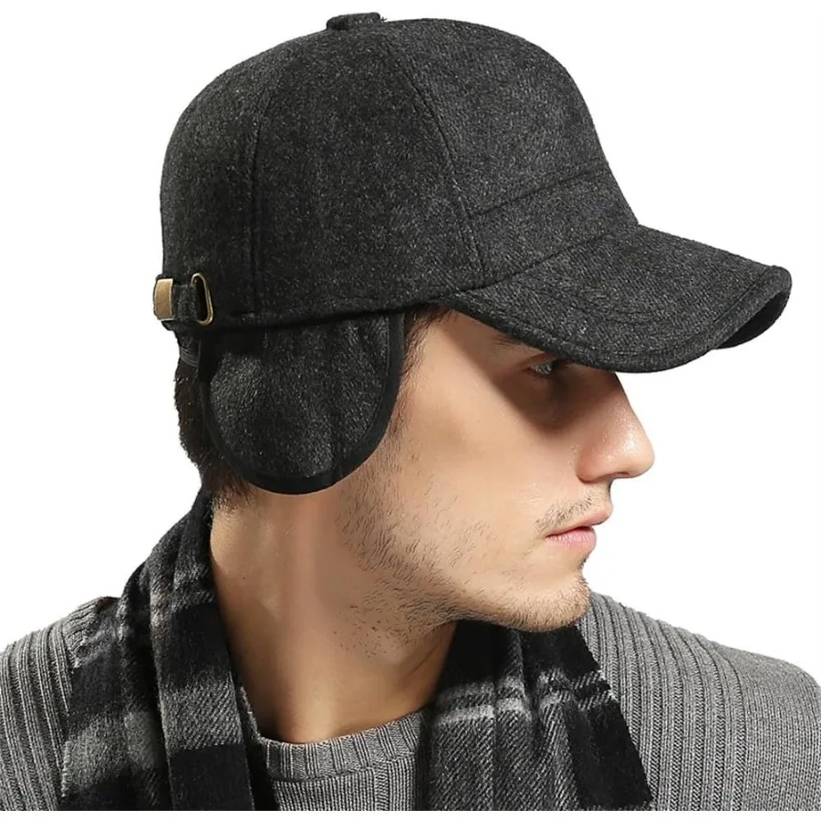 YAKER Cappello da baseball con visiera in lana calda invernale da uomo con paraorecchie e fibbia in metallo