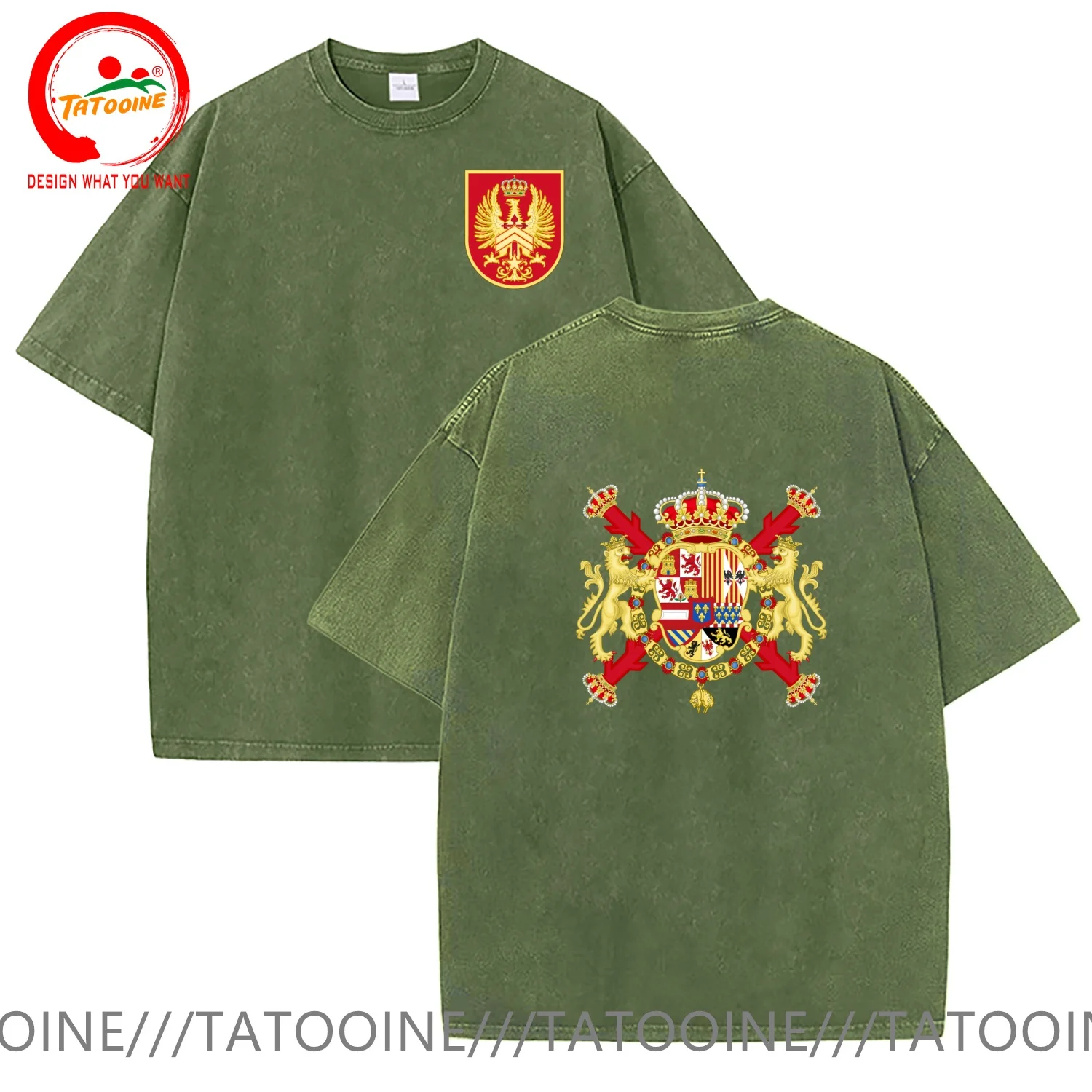 Vintage Washed Cotton T-Shirt Funny Designer Royal Coat of arms of Spain T Shirt Men Fashion Trendy Casual Clothing Stylish Tops