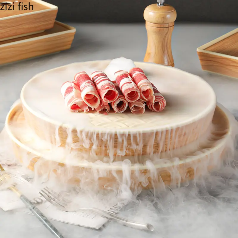 Plastic Dry Ice Tray Restaurant Tableware Imitation Wood Grain Dinner Plate Tea Tray Sashimi Plat Serving Plates Sushi Plates