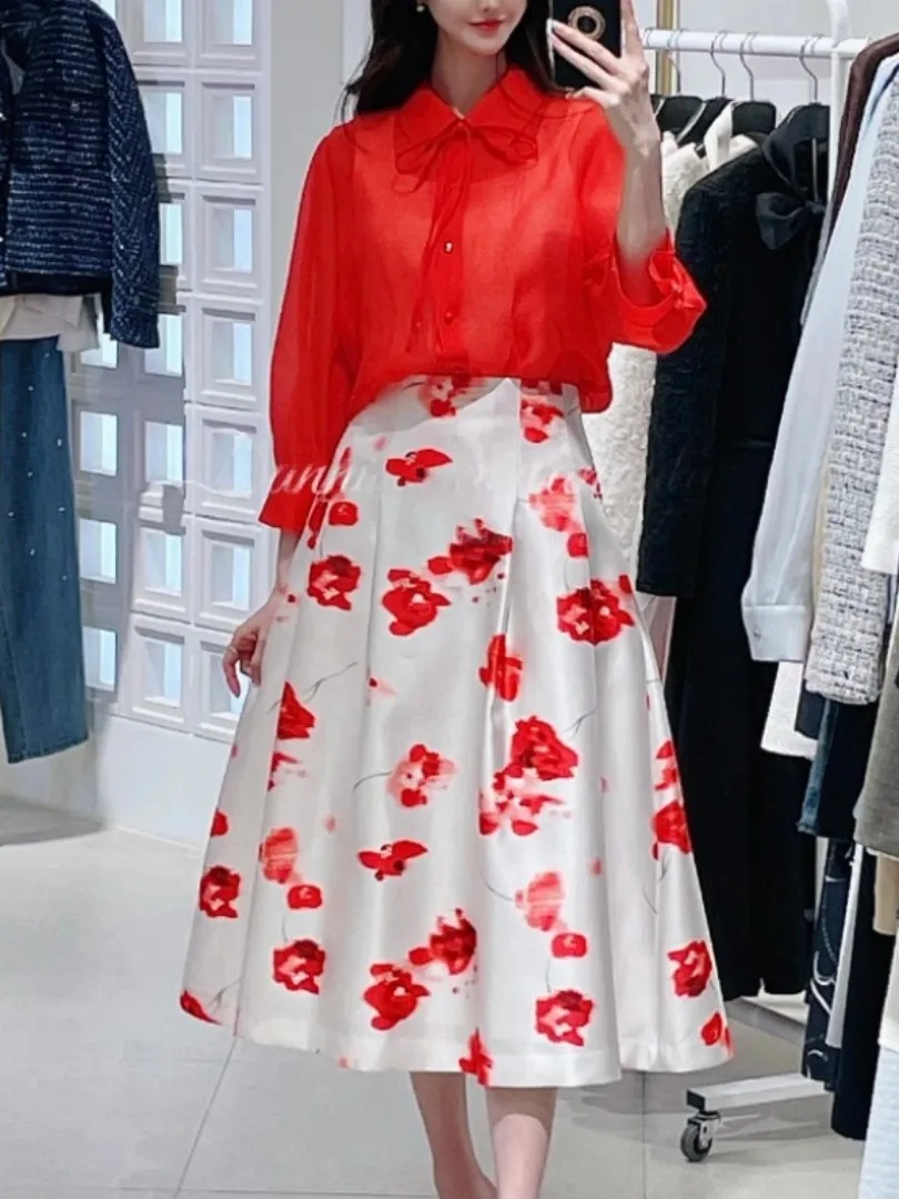 

Elegant Country Style Shirt Water-Mark Print High Waist Slimming A-Line Skirt Fashionable Summer Outfit for Women
