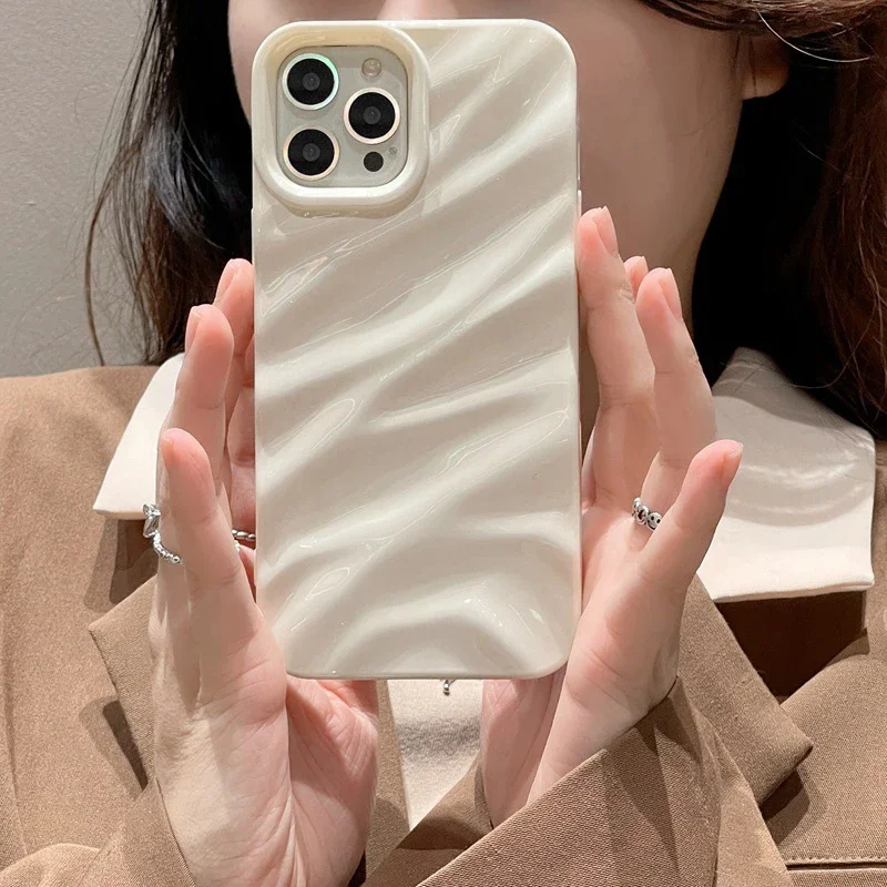 3D Wave Satin Ruffle Pattern Phone Case For iPhone 15 14 13 12 11 Pro Max 15 14plus X XR XS Max 7 8 Plus Solid Color Back Cover