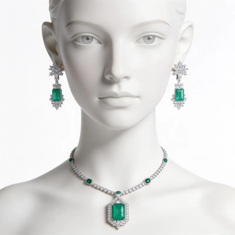 Vintage Fashion Style Earrings Necklace Cubic Zircon Synthetic Paraiba Tourmaline Pendant Detachable Double Chain Jewelry Sets