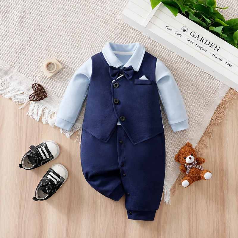 

Комбинезон-ромпер для мальчика с эффектом двухслойности, темно-синий и светло-синий, с длинным рукавом, в стиле джентльменского костюма, вязаный, 100% хлопок, мягкий