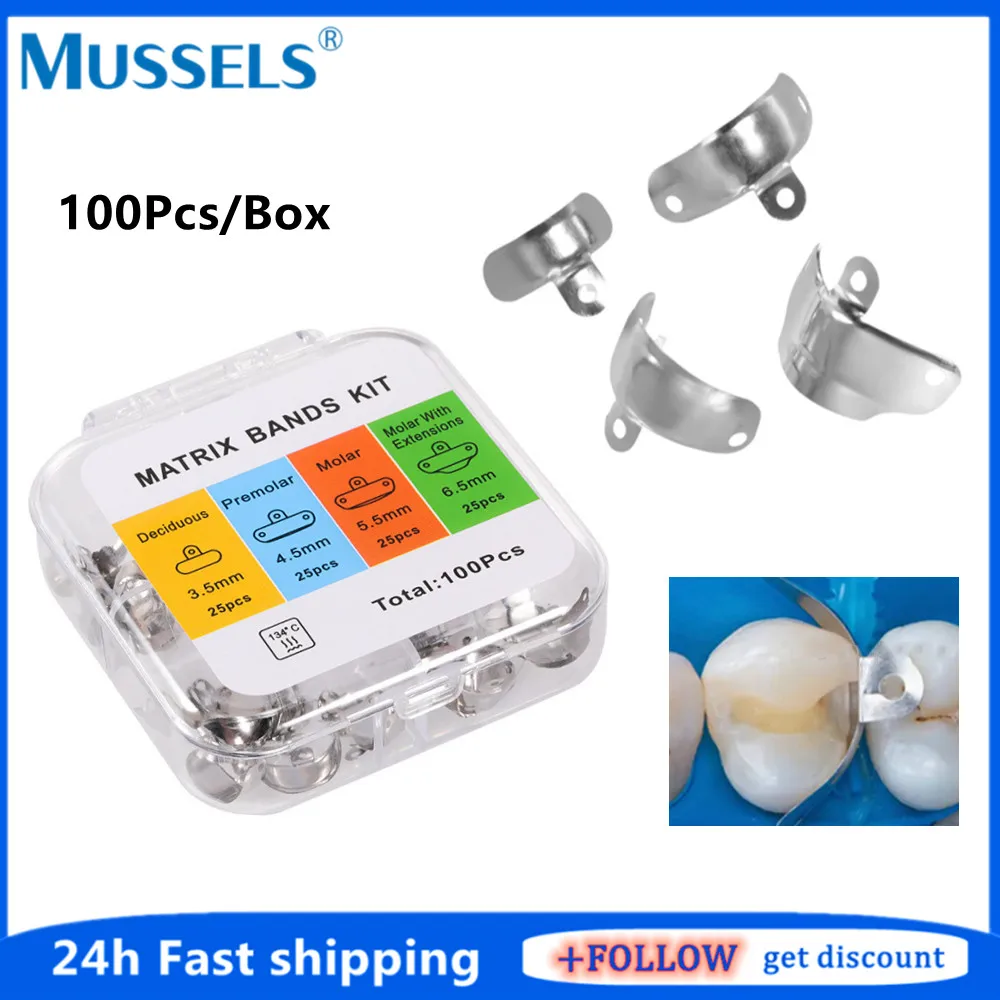 

100pcs/Box Dental Matrix Bands Sectional Contoured Metal Matrices for Teeth Replacement Molar Deciduous Dentist Material Kit