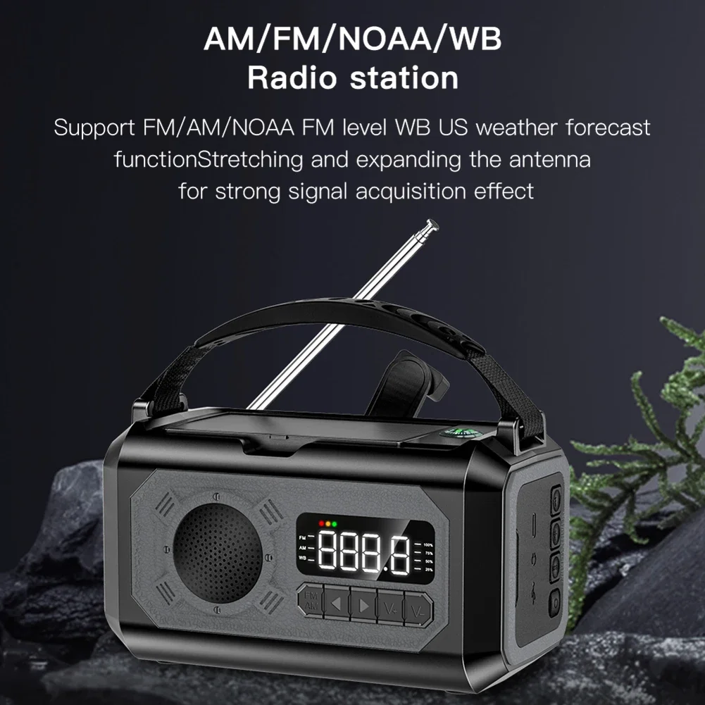 Radio Meteorológica AM/FM/NOAA de 12000mAh con 2 paneles solares, manivela manual, lámpara de lectura de Radio de emergencia portátil para acampar al aire libre