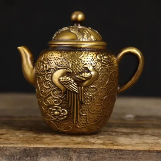 Pure brass teapot, peacock handle teapot, tea set, metal handicraft, office tabletop wine pot