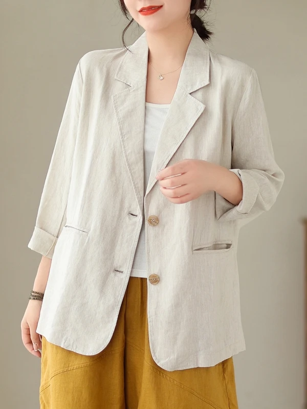カジュアルな綿麻素材のロング丈レディースジャケット、大きいサイズ、ボタン留めコート、芸術的なスタイル、梨型体型に適した秋の着用に。