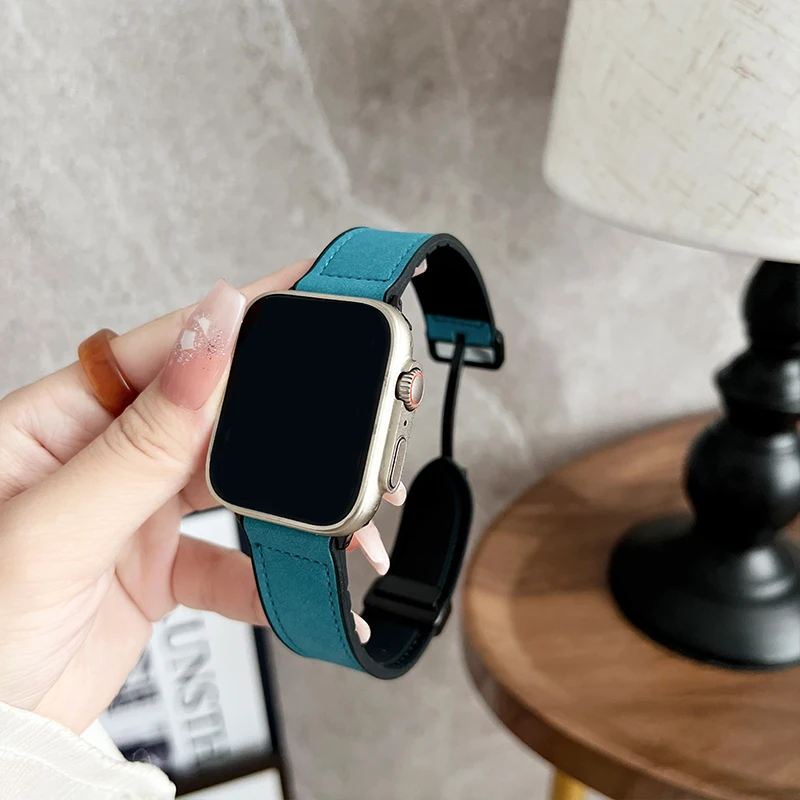 Leather Strap for Apple watch band 44mm 42mm 40mm 45mm 41mm Silicone Magnetic bracelet iWatch series 9 8 7 6 se 5 4 ultra 2 49mm