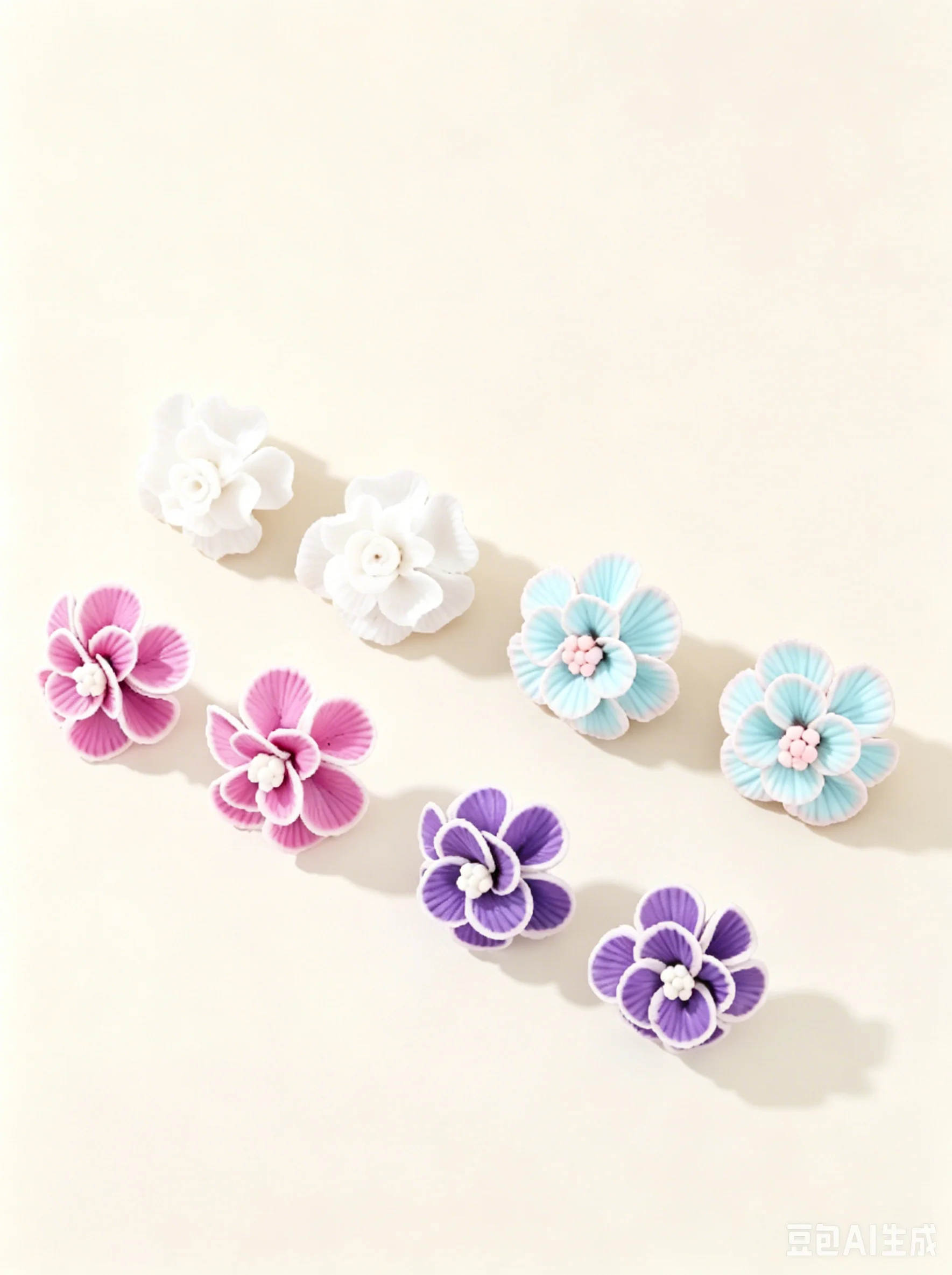 Pastel Pink Lilac Aqua Polymer Clay Flower Stud Earrings 3D Handmade Floral Motif Lightweight Women's Spring Bridal Gift Wear