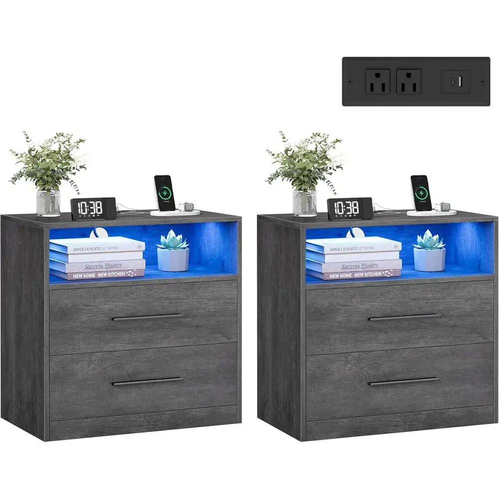 23.6 Inch Wide Nightstands with Charging Station, LED Lights, Open Shelf, 2 AC Outlets & USB Ports, Misty Gray
