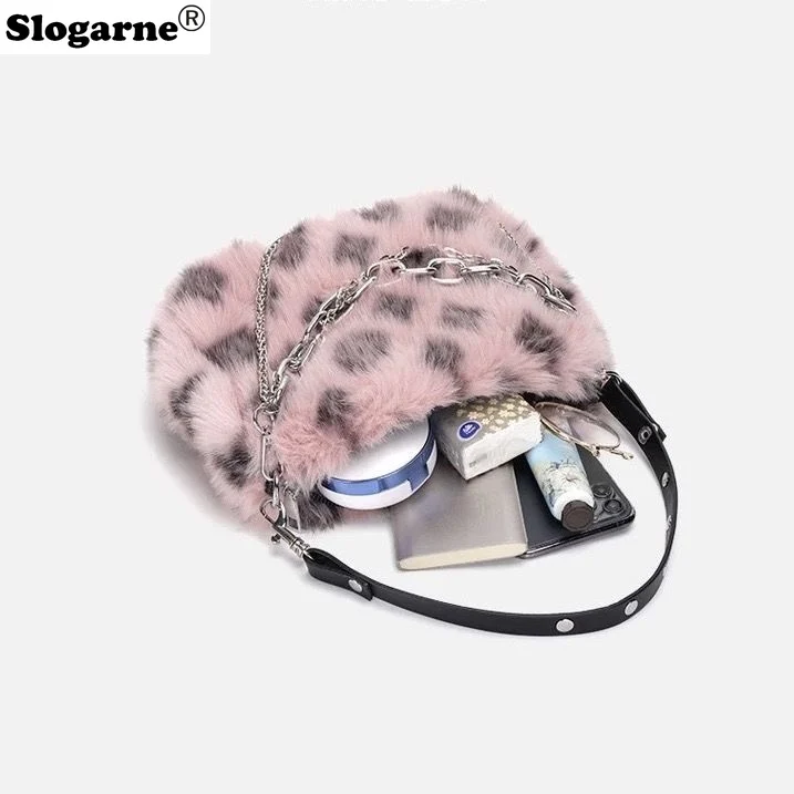 New Faux Fur Leopard Shoulder Bag Women\'s Autumn Winter Chain Handbags Ladies Leopard Print Clutch Purses Fluffy Top Handle Bags