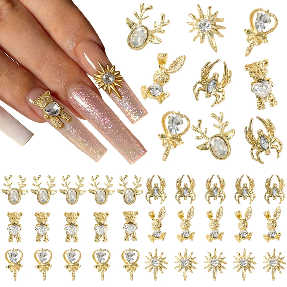 6 Gitter 30 Stück Legierung Gold Elch Spinne Bär Hase Nagel-Diamanten Glänzende Klare Strasssteine Nagel-Charms Sternenlicht Nagelschmuck E3@