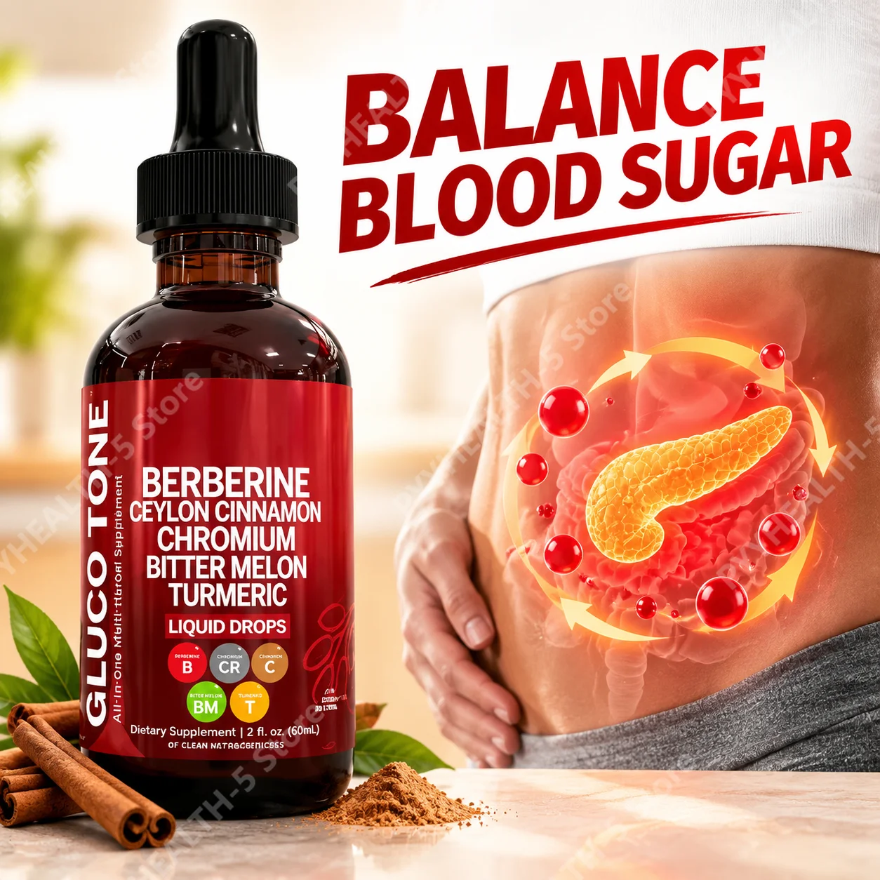 Berberine with Ceylon Cinnamon Liquid Drops Smooth Glucose Levels Reverse Metabolic Fatigue Chromium Cinnamon Formula, 60mL