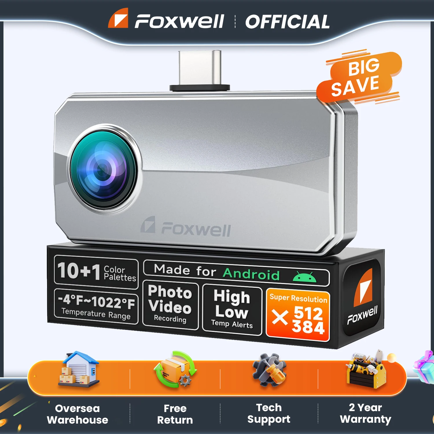 

FOXWELL RT100 Thermal Camera 25Hz 256 x 192 IR High Resolution Mobile Thermal Imaging Camera for Android Tablet Car Repair Tool