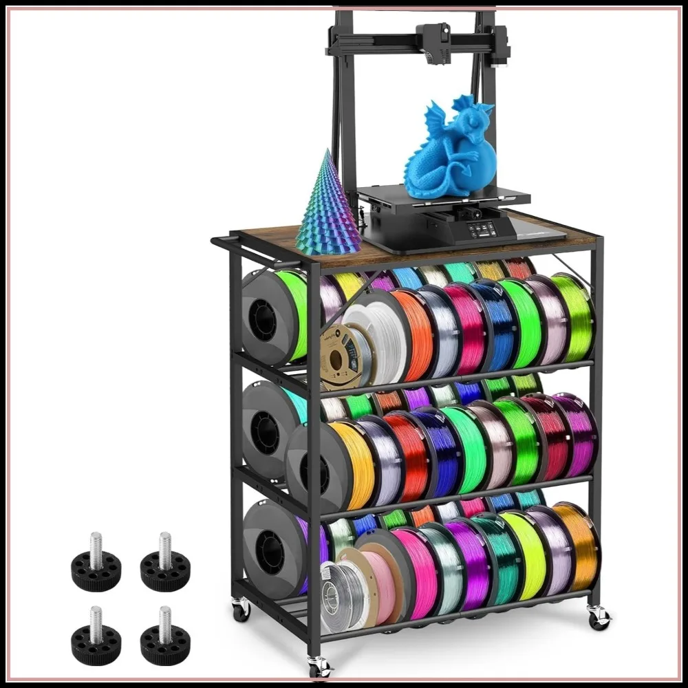 

4-Tier Heavy Duty 3D Printer Stand with Wheels & Wood Top, Holds 52 Spools for Filament Storage, Workshop Cart