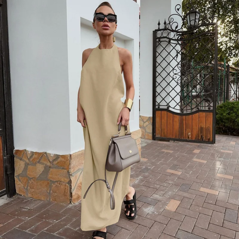 

Casual Sexy Summer Lace-up Backless Fashion Dress Long Dress Russian Cotton Linen Breathable Khaki Long Dress Women's Clothing