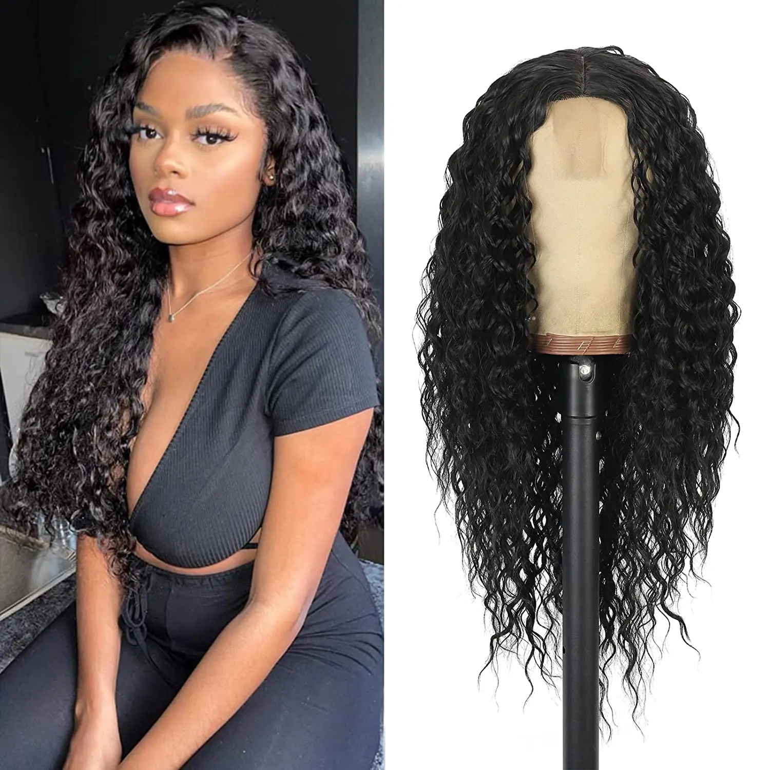 

Synthetic 24 inch Long Water Wave Curly Lace Wig For Black Women Middle Part 150% Density Looking Natural Hairline Daily Use