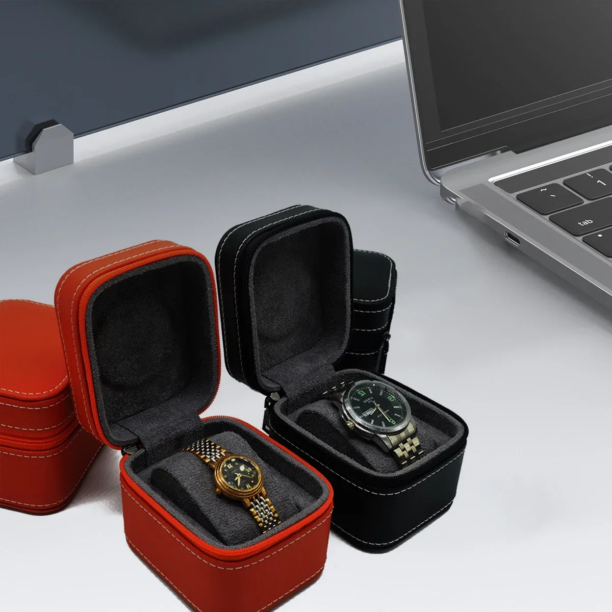 حافظة ساعة واحدة من جلد البولي يوريثان حقيبة سفر مع وسادة قابلة للإزالة لتخزين المجوهرات منظم صندوق ساعة مربع محمول