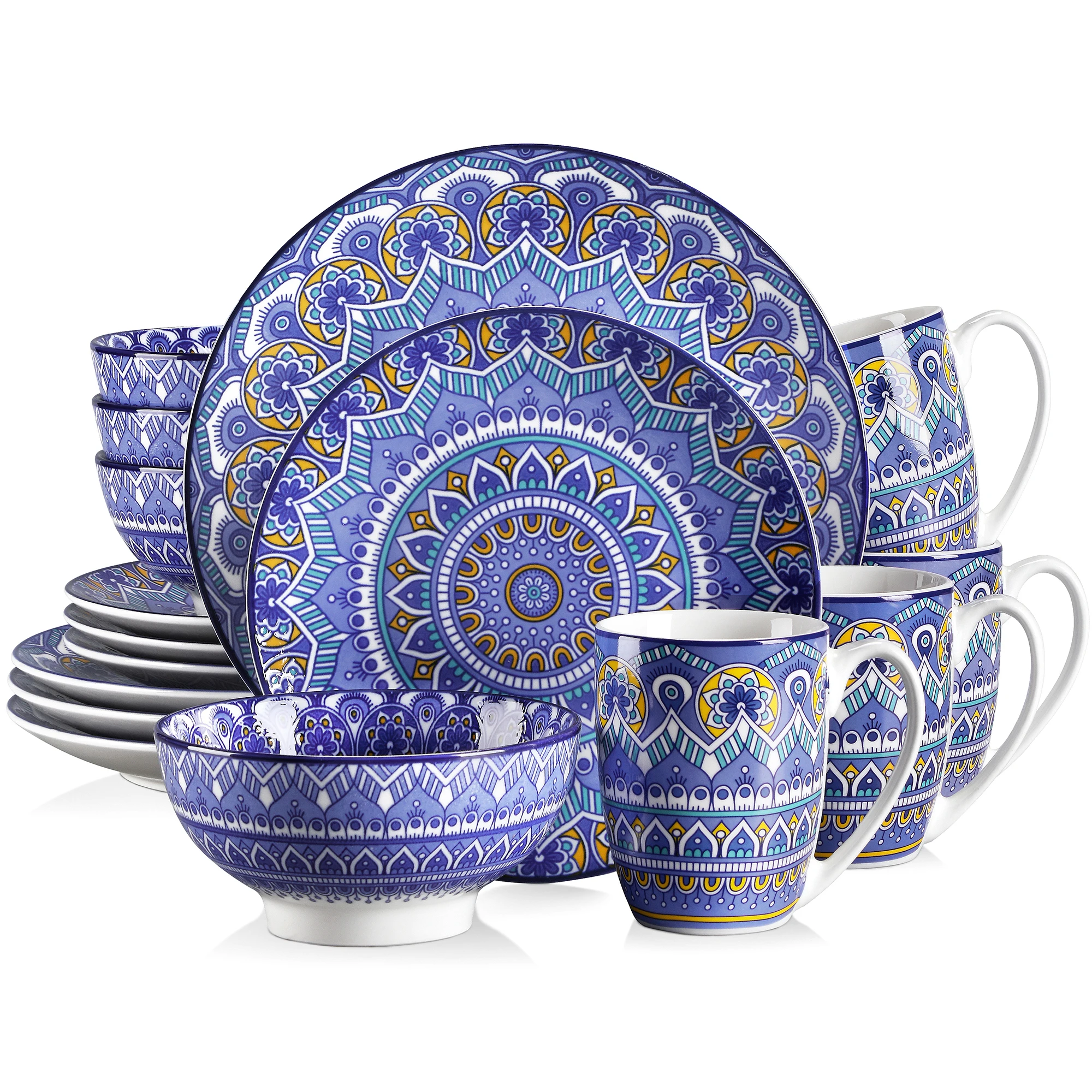 VANCASSO 16/32/48-Piece Bohemian Mandala Patterned Blue Porcelain Tableware Dinner Set with Dinner Plate,Dessert Plate,Bowl,Mug