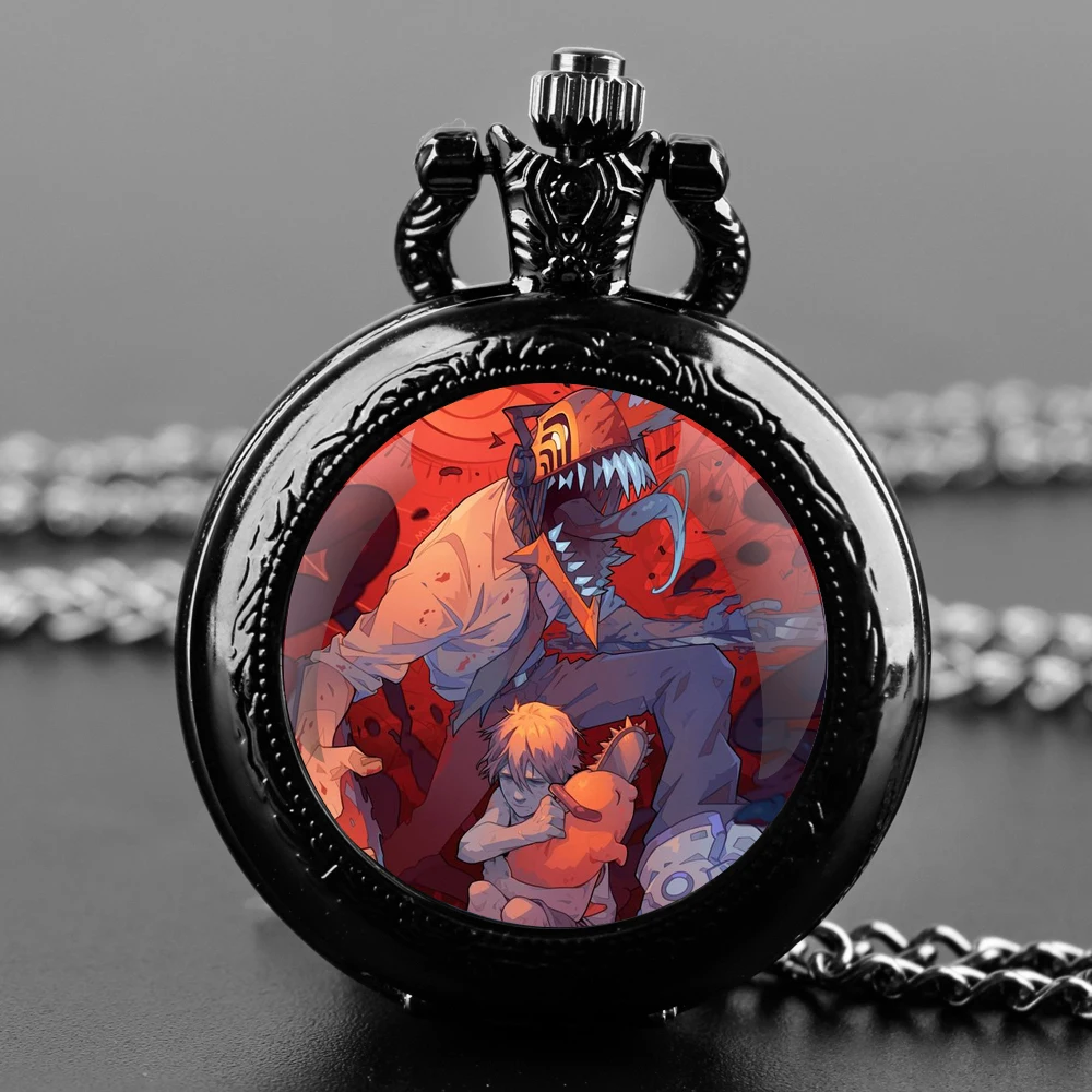 Chainsaw Man Glass Dome Pocket Watch with Chain Necklace Vintage Quartz Pendant Watches Mens Women Gift