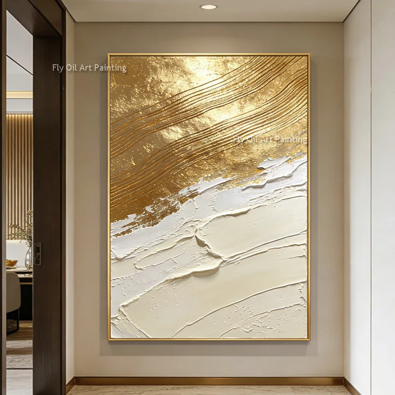 Handmade Golden Yellow Beige Simple Abstract Canvas Room Wall Decor Items Special Design Beige White Oil Painting New Artwork