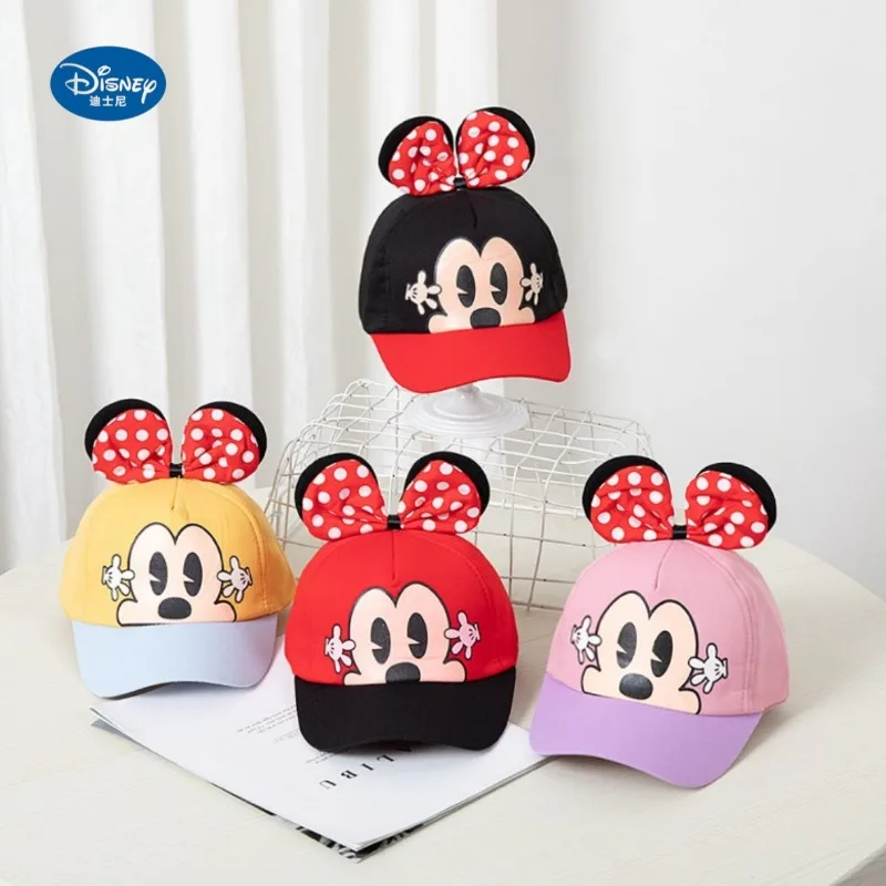 Disney Mickey Mouse Cartoon Cute Bow Children's Peaked Hat Sun Shade Sun Protection Pure Cotton Sweat-Absorbent Baseball Cap