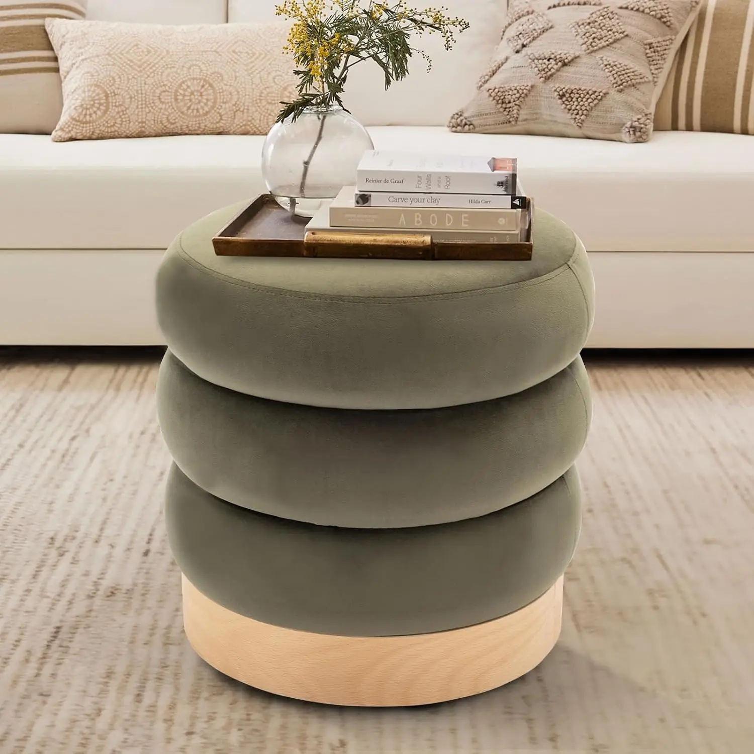 

Velvet Ottoman Footstool, Tufted Modern Foot Rest Stool with Wood Base for Living Room, Bedroom, Desk, Round Versatile Side