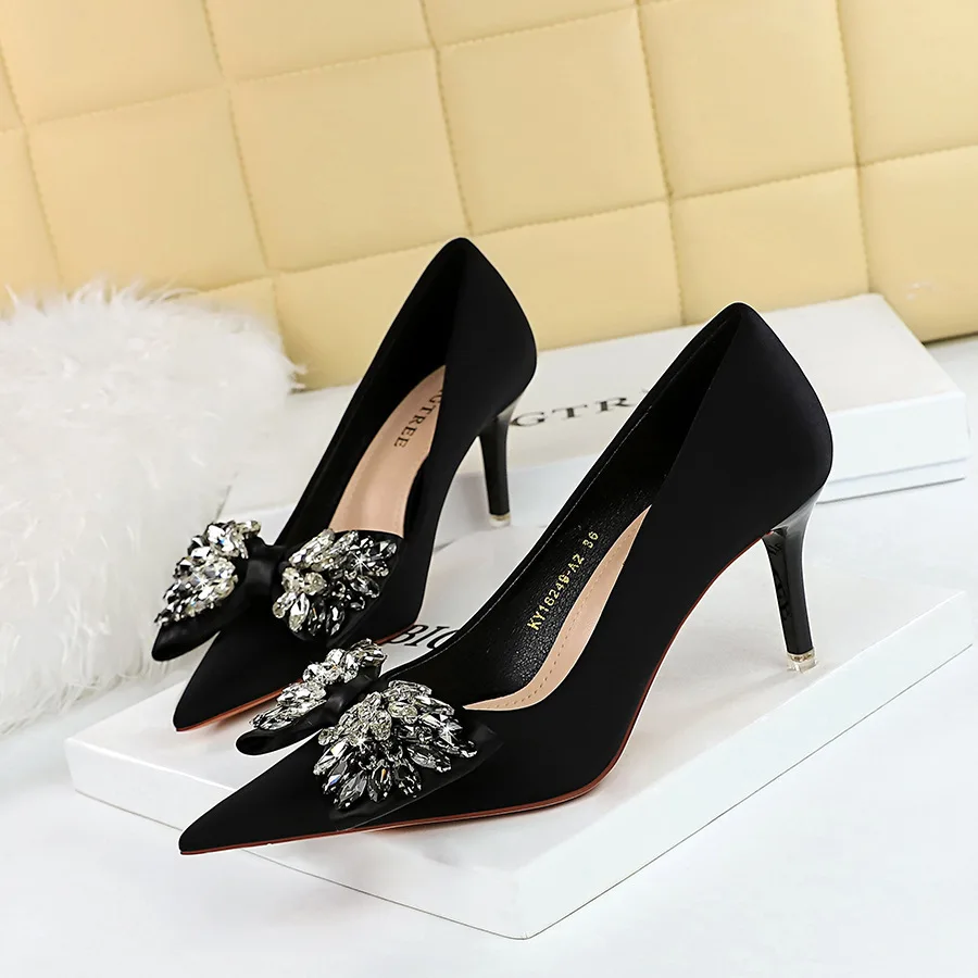 

Light luxury party women's shoes high heels thin heels shallow mouth pointe rhinestone bow single shoe women