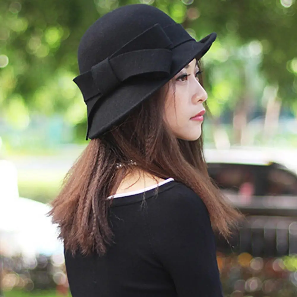 المرأة بنما قبعة أنيقة بنما قبعة خمر ورأى الصوف قبعة بحافة مع القوس للنساء أنيقة الخريف الشتاء فيدورا لحفل الزفاف #3