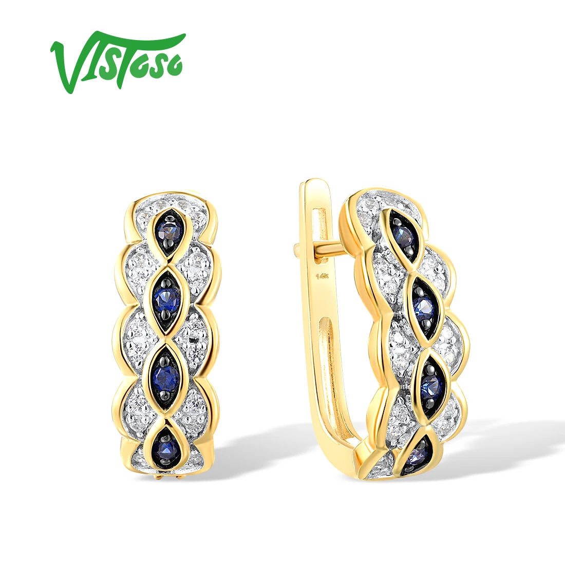 

VISTOSO 14K 585 Yellow Gold Earrings For Women Sparkling Diamond Blue Sapphire Delicate Wedding Anniversary Fine Jewelry