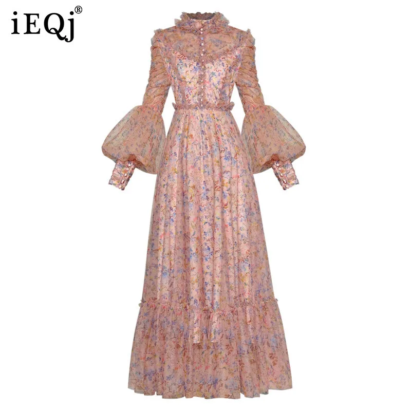 IEQJ Stand Collar Lantern Long Sleeve Mesh Floral Print Waist Cinching 2025 Spring New Big Swing Evening Wedding Dress 3XP261