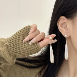 Simple Water Droplet Pearl Ear Clips for Women Wedding Party Vintage Long Elegant Round Clip on Earrings Non Piercing Geometry